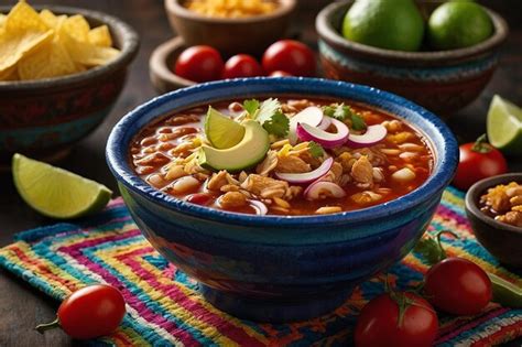  Pozole: Een romige hartige fiesta van vlees en maïs in een pikante bouillon!